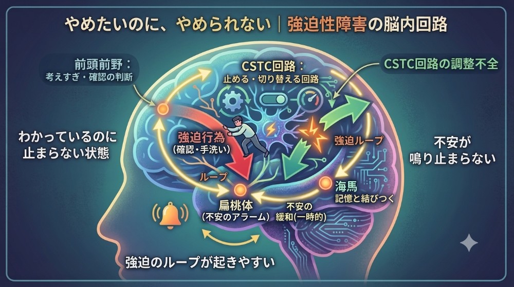 強迫性障害で確認や手洗いをやめにくくなる脳のコントロール回路を示した図解