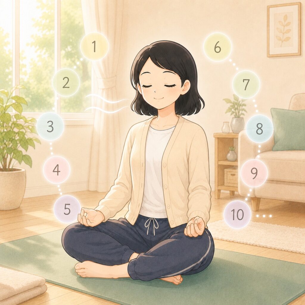 呼吸に合わせて数を数える呼吸カウント法をしているよたきち