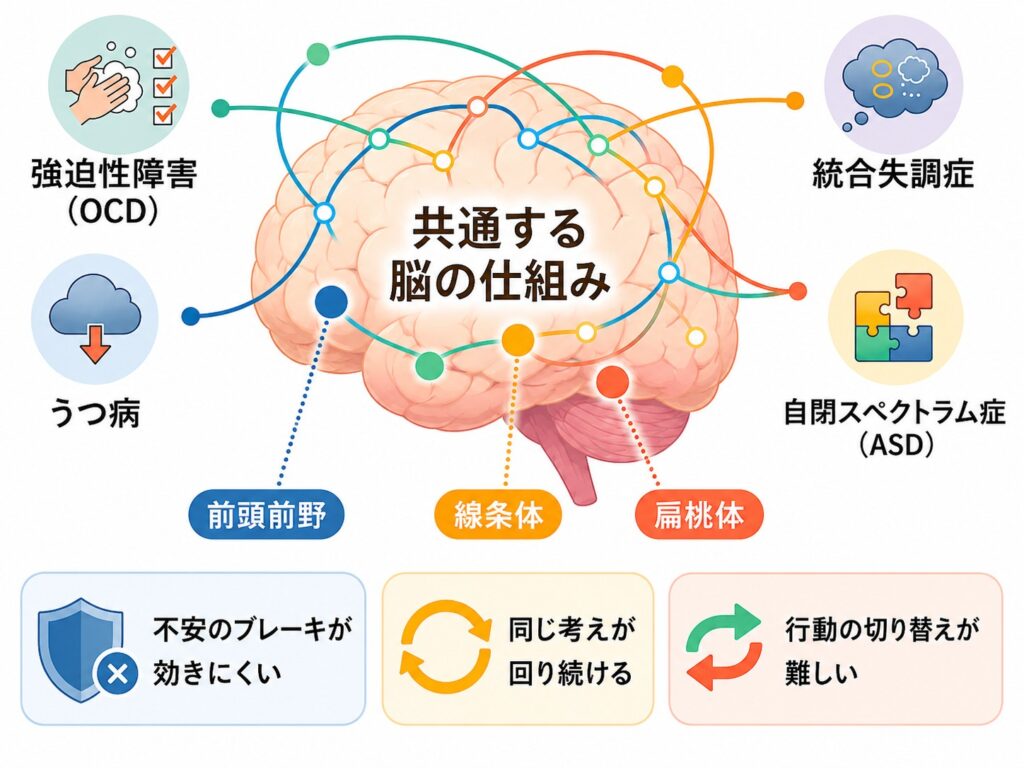 強迫性障害とうつ病・統合失調症・自閉スペクトラム症に共通する脳の仕組みを示した図解
