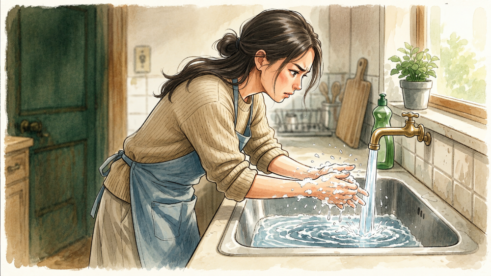 強迫性障害の症状として、洗面台で何度も手を洗う女性のイラスト
