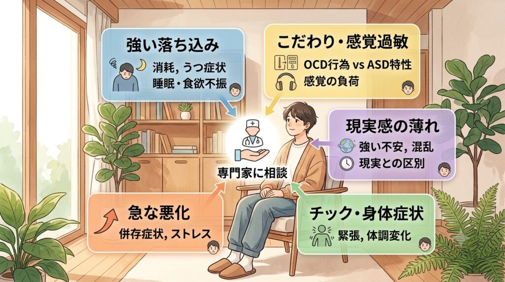 強迫性障害に重なる症状と、専門家に相談する目安を整理した図解