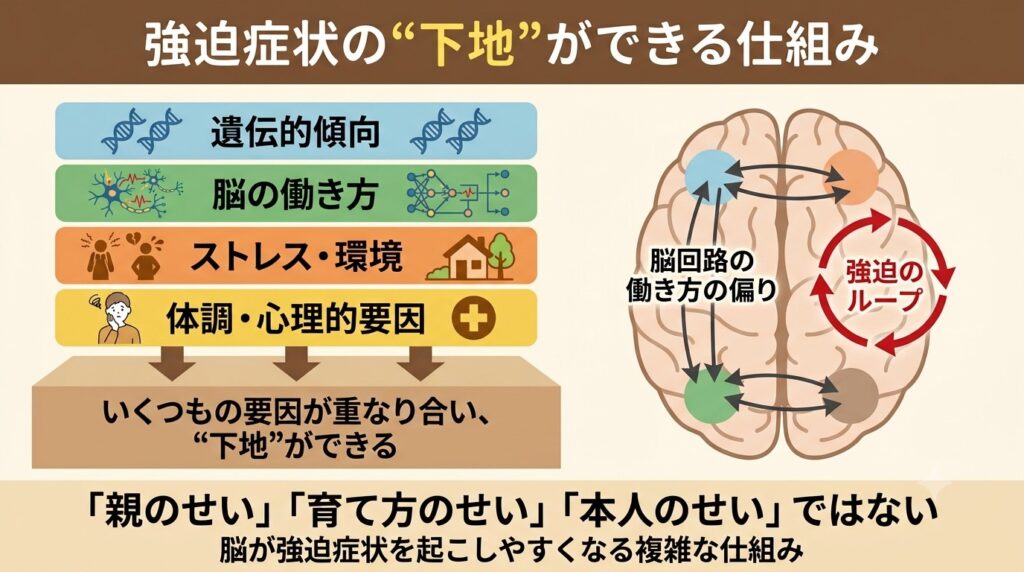 強迫症状の下地に、遺伝的傾向・脳の働き方・ストレス・環境・体調など複数の要因が関わることを示した図解