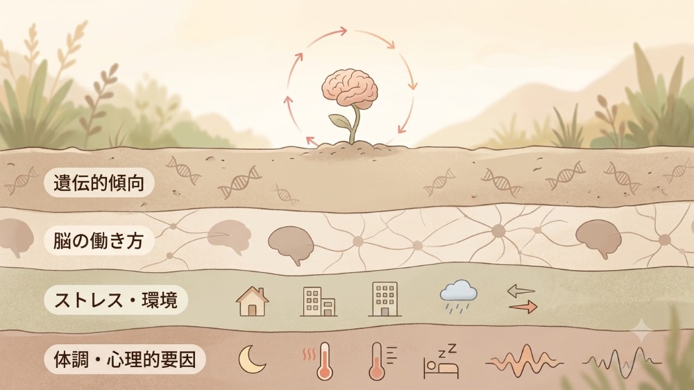 遺伝的傾向・脳の働き方・ストレスや環境・体調などが重なり、強迫症状の下地になることを表したイラスト