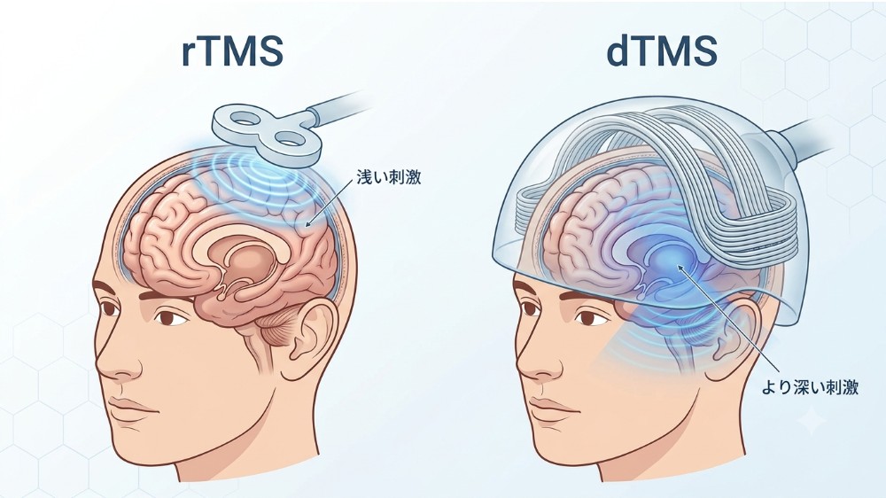rTMSとdTMSで磁気刺激が届く深さの違いを示すイメージ
