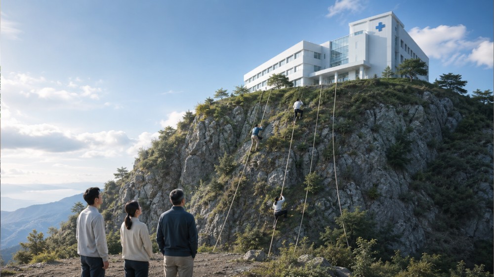丘の上の病院へ向かってロープを登る人たちで、日本の強迫性障害治療へのアクセスの壁を表したイメージ