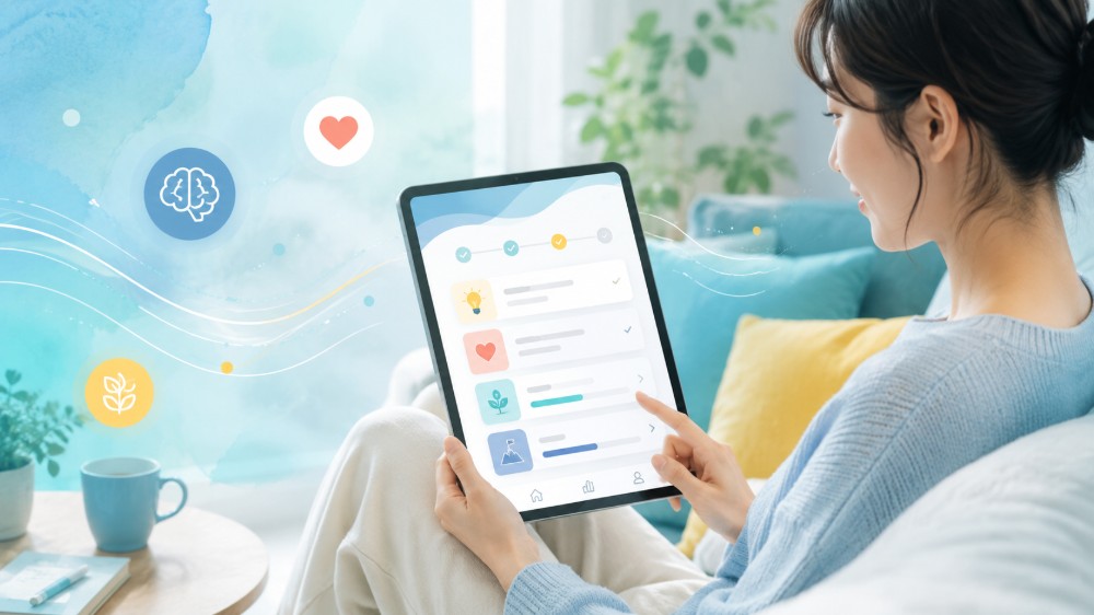 自宅でタブレットを使う人と医療アプリの画面で、デジタルCBTやオンライン支援が強迫性障害の治療アクセスを広げる可能性を表したイメージ