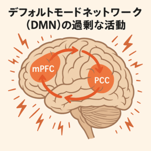 「DMN(内側前頭前野と後部帯状皮質)の過剰な活動」のイメージ図