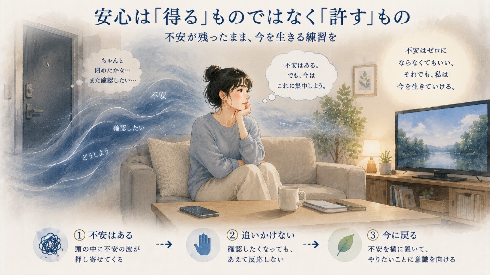 不安の波を追いかけず、スマホを伏せてテレビを見ながら今の行動に意識を戻す女性のイラスト