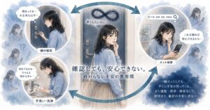 強迫性障害の悪循環（鍵の確認・手洗い・スマホ検索）を繰り返す女性のイラスト