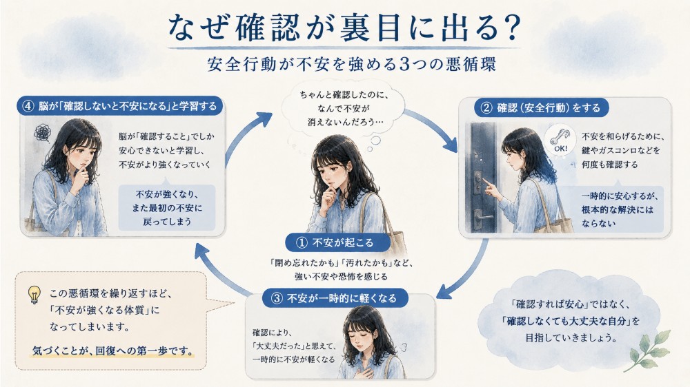 確認行為によって一時的に不安が軽くなっても、脳が確認しないと不安になると学習し、悪循環が強まる流れを示した図解。