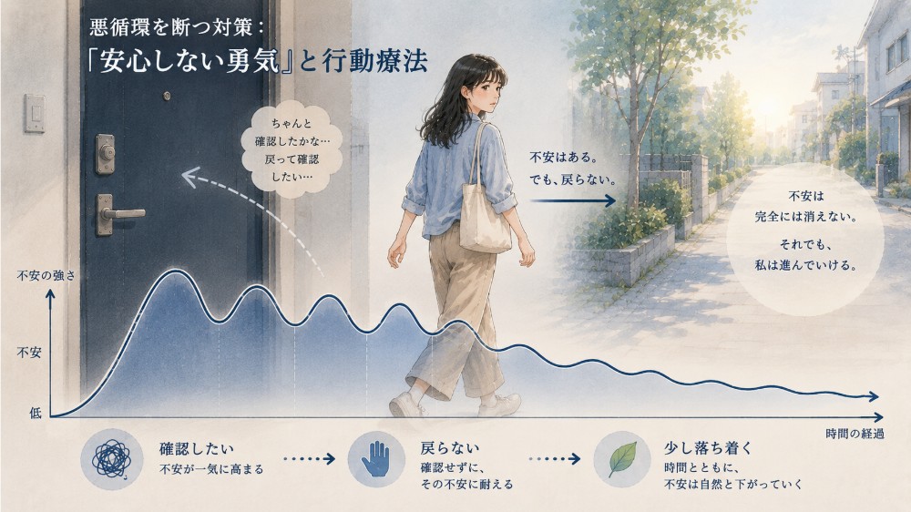 不安を感じながらも確認に戻らず、時間とともに不安の波が下がっていく流れを示した行動療法の図解イラスト。