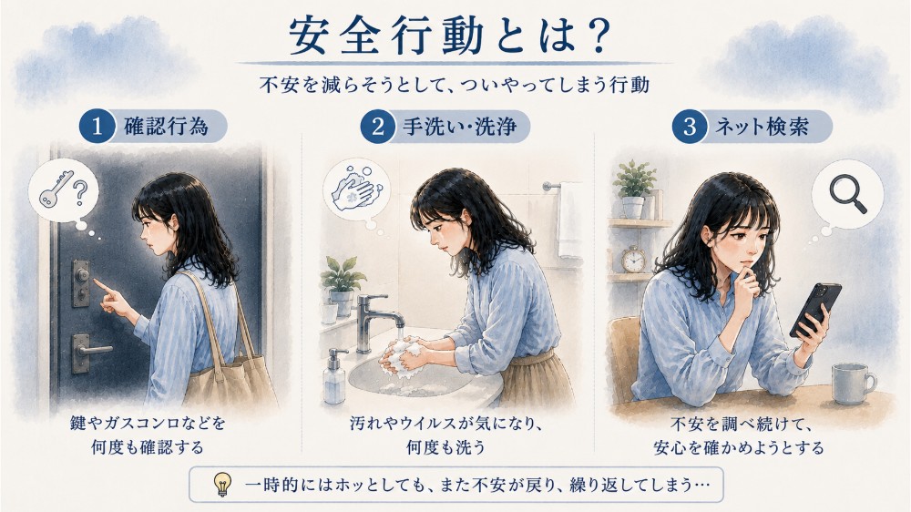 強迫性障害の安全行動として、鍵の確認・手洗い洗浄・ネット検索を繰り返す女性の様子を示した3分割イラスト。