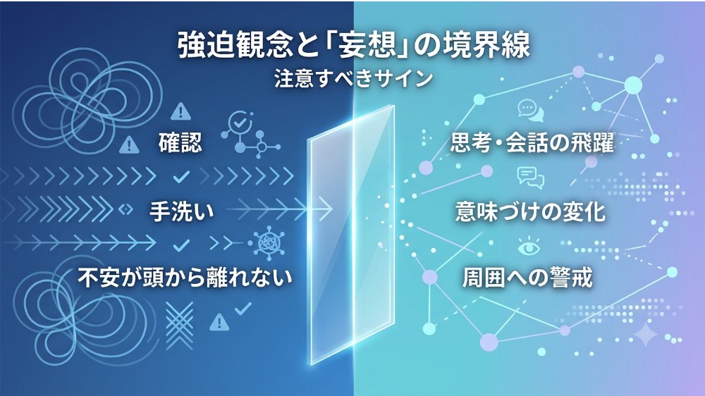 強迫観念と妄想の境界線、統合失調症との違いで注意すべきサインを示す図解