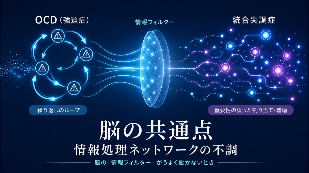 強迫性障害と統合失調症に共通する脳の情報処理ネットワークの不調を示す図解