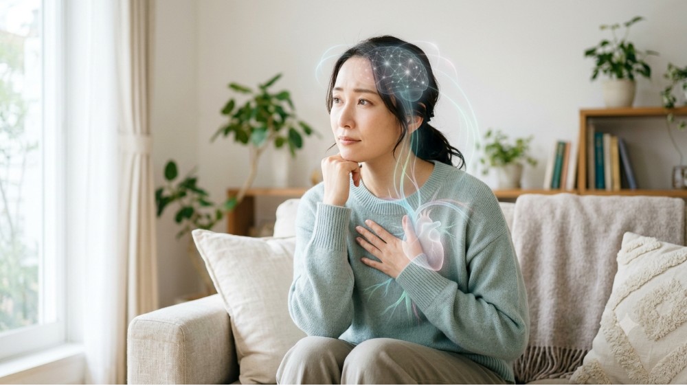 強迫性障害(OCD)と身体の健康の関係を表す、脳と心臓のイメージが重なった女性の写真風イラスト