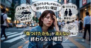 強迫性障害の加害恐怖で「誰かを傷つけたかも」という不安と確認行動が頭から離れない様子を表した画像
