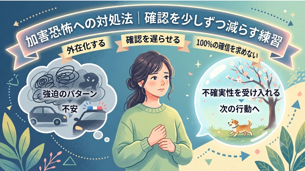 加害恐怖で確認行動を減らすために、外在化・確認を遅らせる・100％の確信を求めない練習を表したイラスト