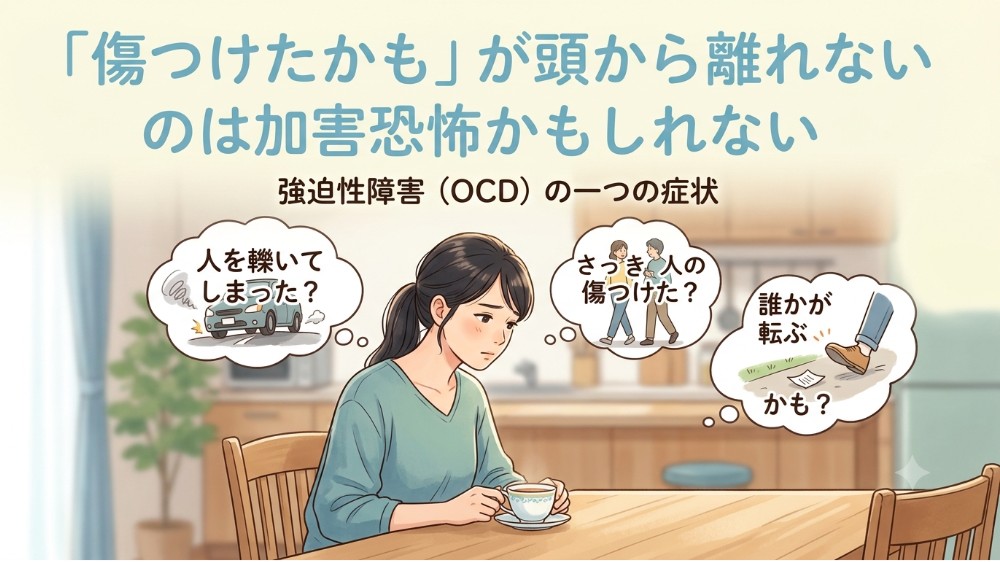 強迫性障害の加害恐怖で「人を轢いたかも」「傷つけたかも」などの不安が頭から離れない様子を表したイラスト