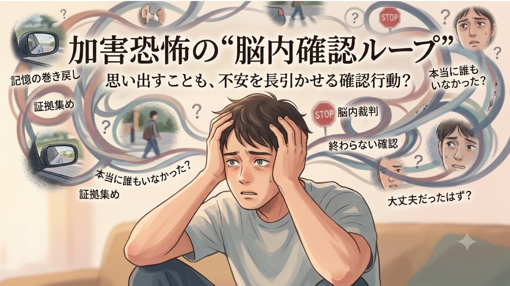 加害恐怖で過去の運転時の記憶を何度も検証し、「本当に誰もいなかったか」と頭の中で確認を繰り返す脳内確認ループを表したイラスト