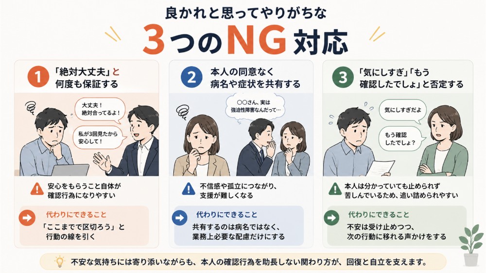 強迫性障害の職場対応で避けたい3つのNG対応をイメージしたイラスト