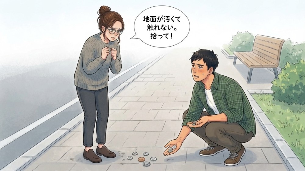 強迫性障害の巻き込みで、地面が汚くて触れないため、落ちた小銭を家族に代わりに拾わせる場面