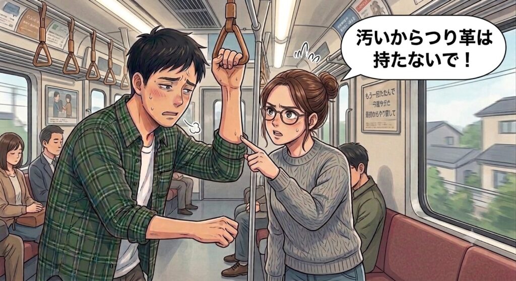 強迫性障害の巻き込みで、汚れを避けるため家族につり革を持たないよう求める場面