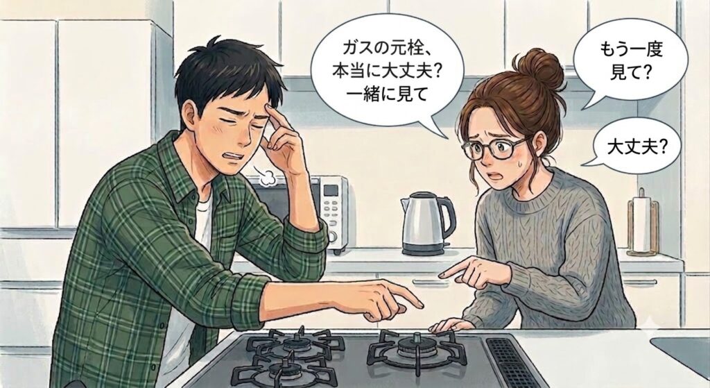 強迫性障害の巻き込みで、鍵やガスの確認について家族に保証を求める場面