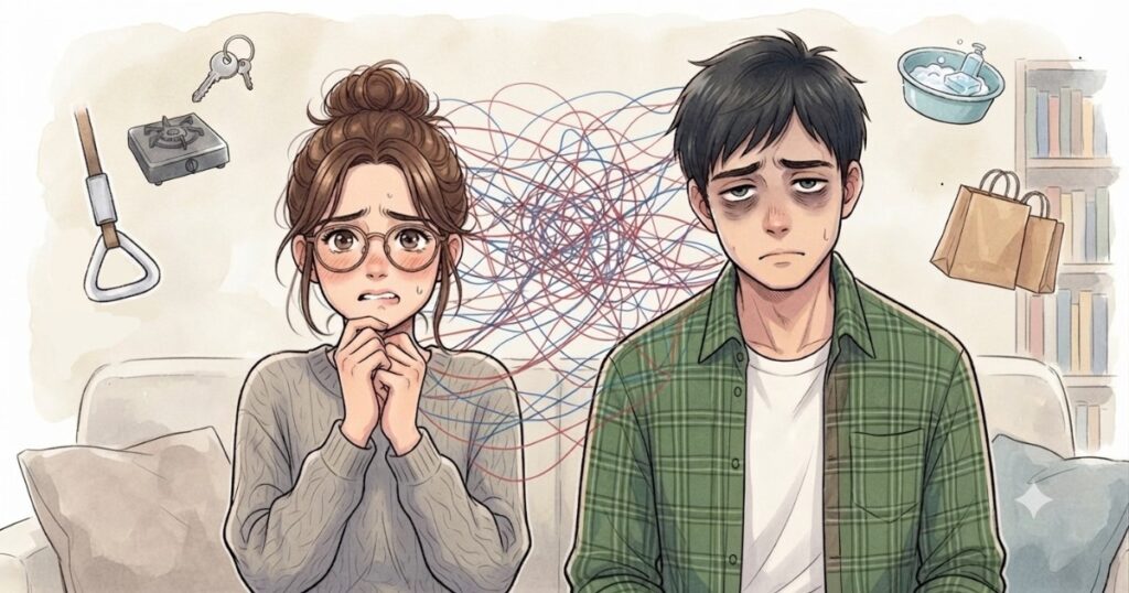 強迫性障害の巻き込みで、不安を抱える本人と疲弊する家族が絡まった糸でつながれているイメージ