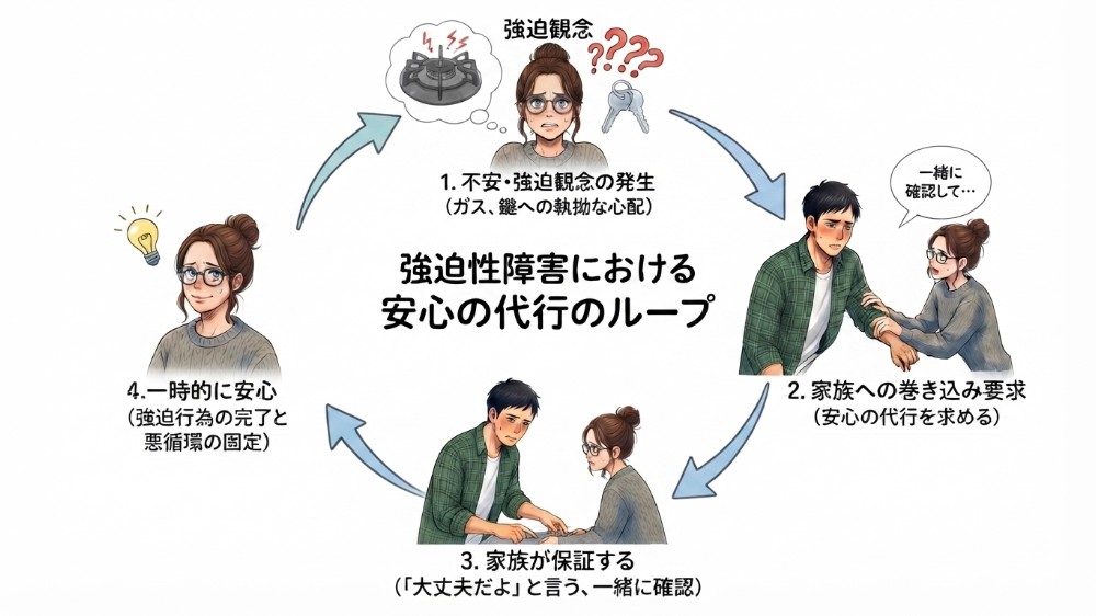 強迫性障害の巻き込みで、不安から家族に確認を求め、一時的な安心によって悪循環が強まる安心の代行ループ