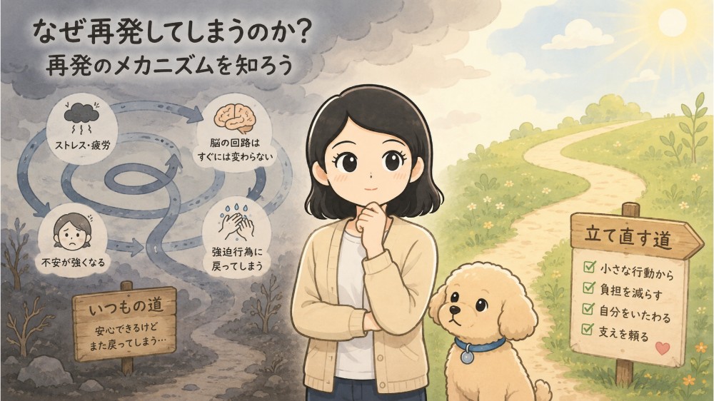 強迫性障害がなぜ再発するのか、そのメカニズムと立て直し方を図解したよたきちとぴょんたのイラスト