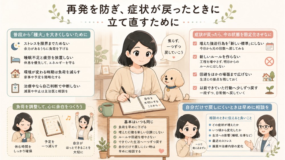 強迫性障害の再発を防ぐ生活上の工夫と、症状が戻ったときの立て直し方をまとめたよたきちとぴょんたの図解
