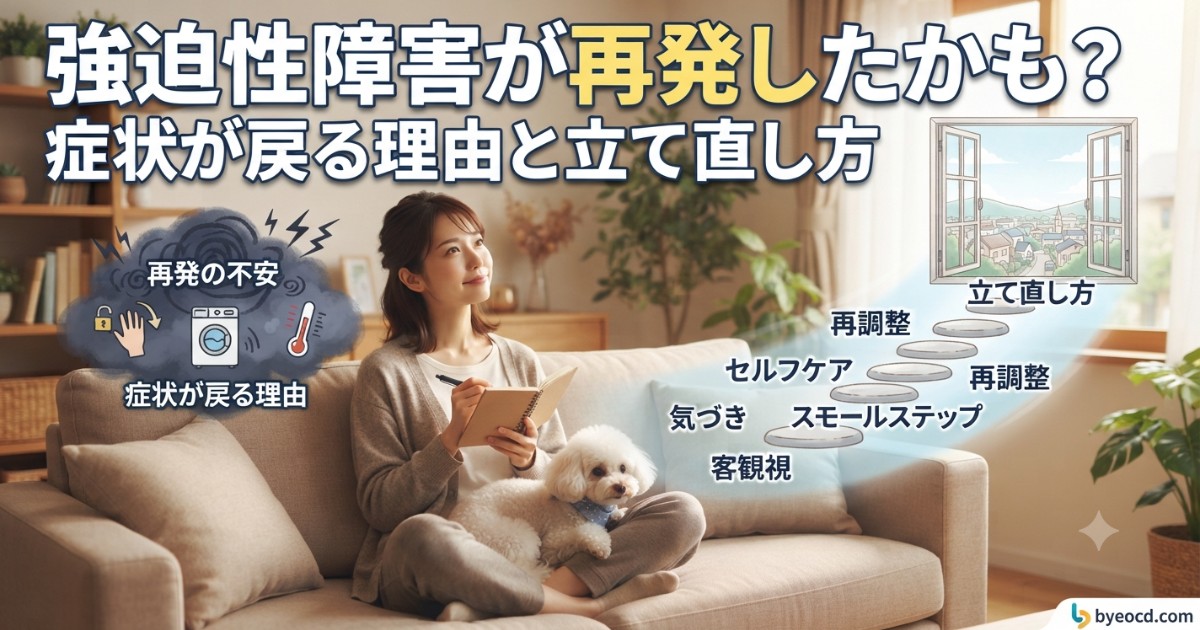 強迫性障害が再発したかもしれない不安と、症状が戻る理由・立て直し方を表した女性とトイプードルのイラスト