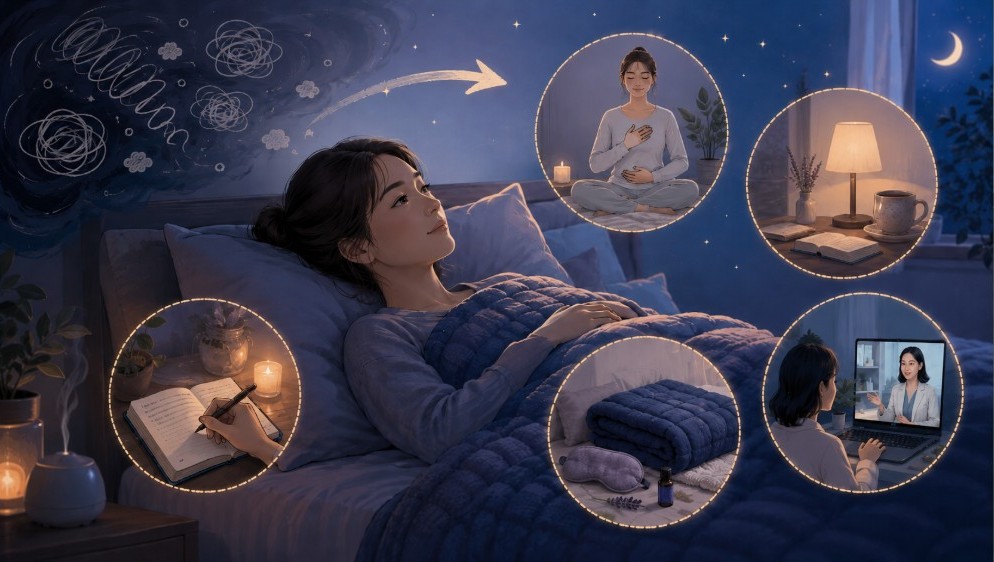 眠れない夜に反芻思考を静める5つの睡眠対策を表したイラスト