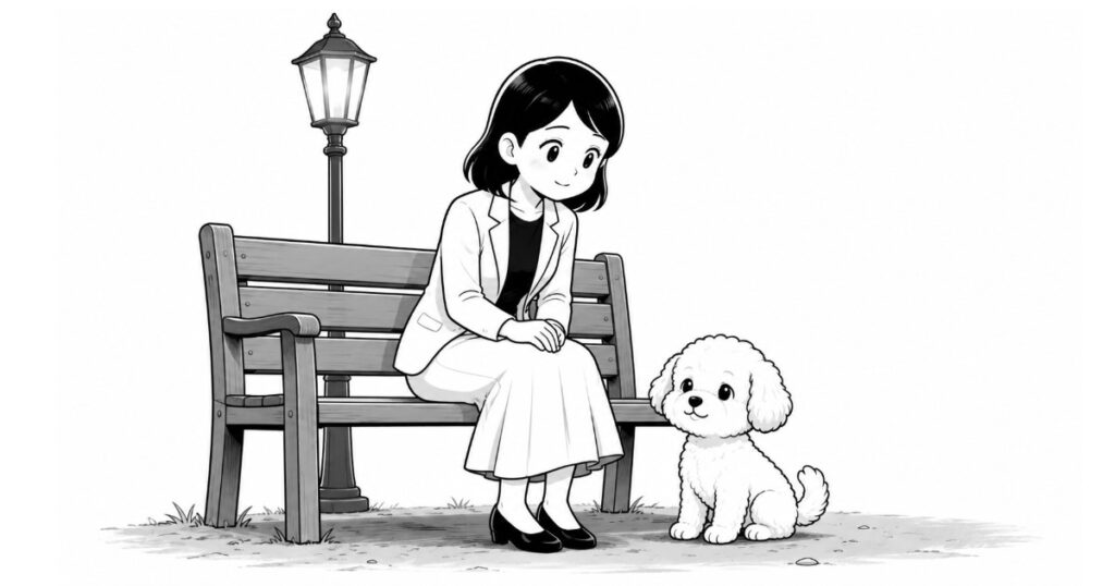 街灯のある公園のベンチで、犬と静かに過去を振り返るよたきち