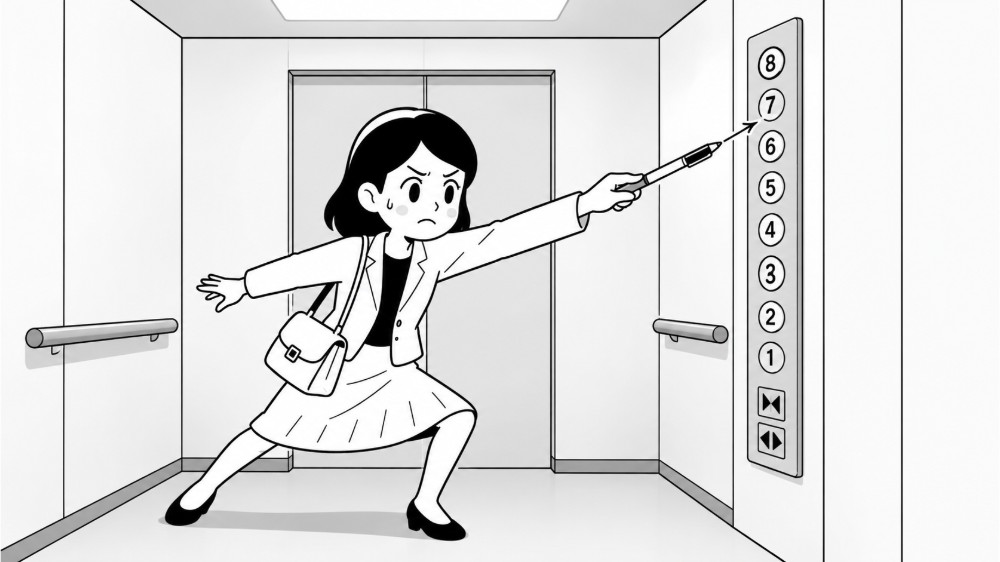 強迫性障害でエレベーターのボタンに触れられず、ボールペンで7階のボタンを押そうとする女性のイラスト