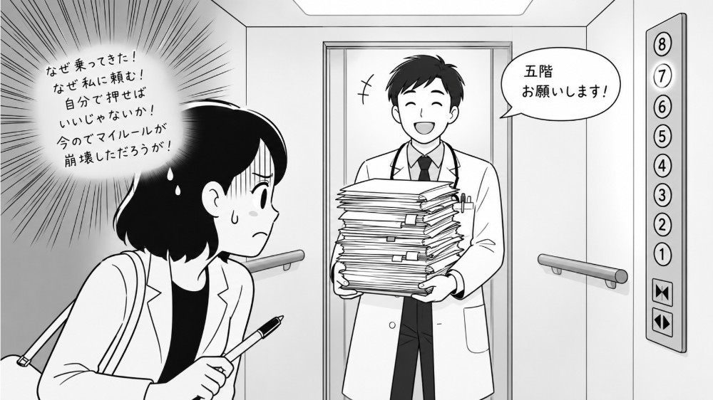 強迫性障害による汚染への不安がある中、書類を抱えた若い医師からエレベーターの五階ボタンを頼まれ、困惑する女性のイラスト
