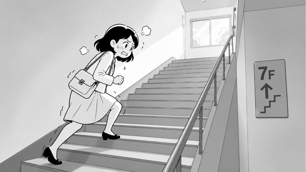 強迫性障害による汚染への不安からエレベーターを避け、手すりに触れず息を切らせて七階まで階段を上る女性のイラスト