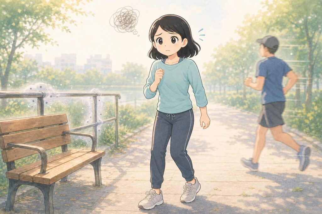 公園のベンチや手すりが気になって歩けなかったりジョギング中にぶつかったかもと不安が押し寄せるイメージ画