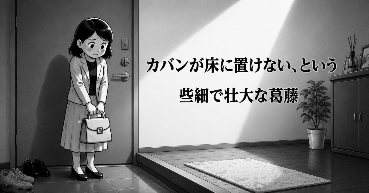 強迫性障害による汚染への不安から、玄関の土間と室内の境界でカバンを床に置けず立ち尽くす女性のイラスト 少し短くするなら、 玄関でカバンを床に置けず、室内との境界で立ち尽くす女性のイラスト でも十分です。 採用するなら、この組み合わせがいちばん自然です。 画像名：ocd-bag-entrance-threshold.webp 代替テキスト：強迫性障害による汚染への不安から、玄関の土間と室内の境界でカバンを床に置けず立ち尽くす女性のイラスト