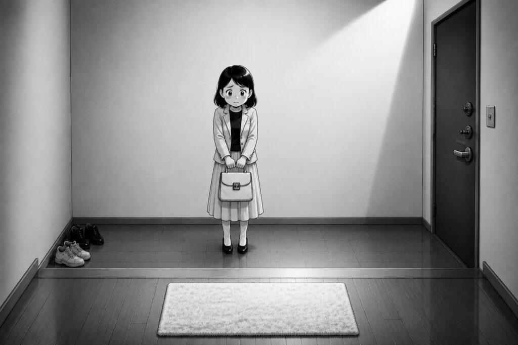 強迫性障害による汚染への不安から、玄関の土間と室内の境界でカバンを床に置けず立ち尽くす女性のイラスト