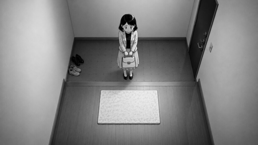 強迫性障害による汚染への不安から、玄関でカバンを持ったまま長時間立ち尽くす女性の俯瞰イラスト