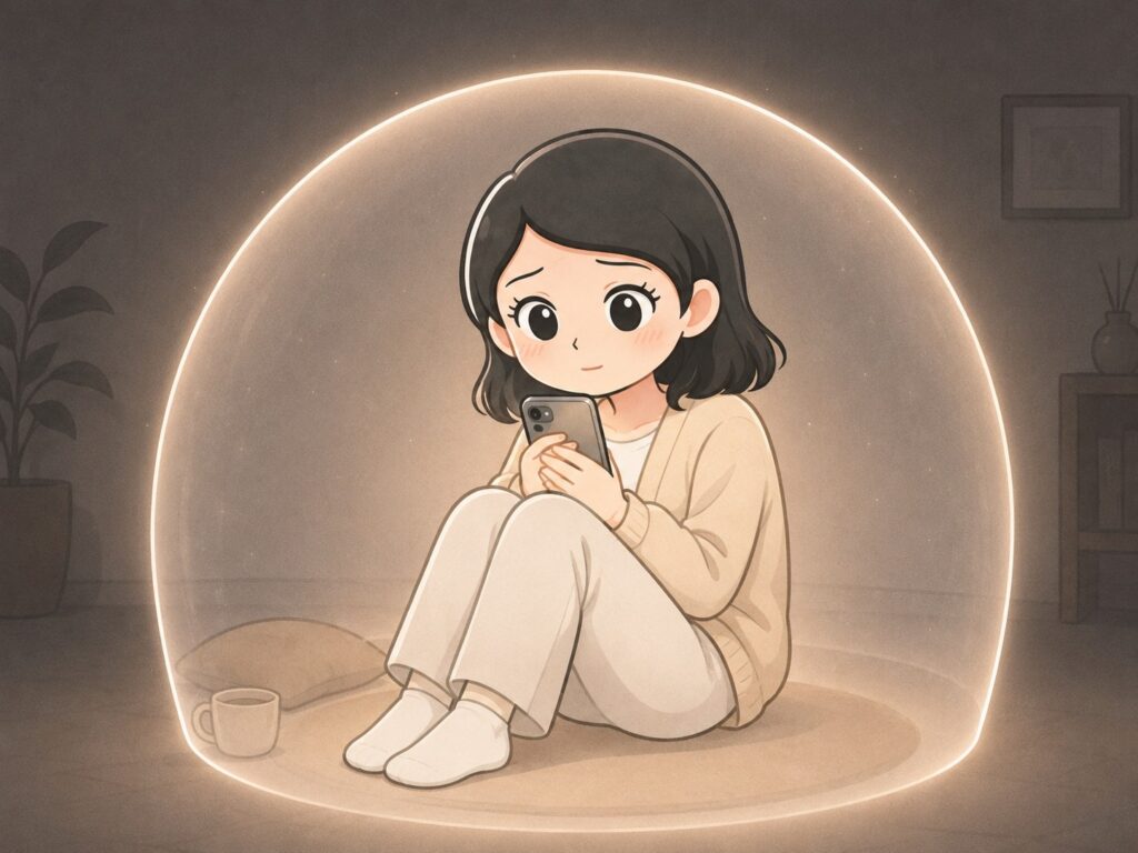 透明なバリアの中でスマートフォンを大切に抱えるよたきちのイラスト