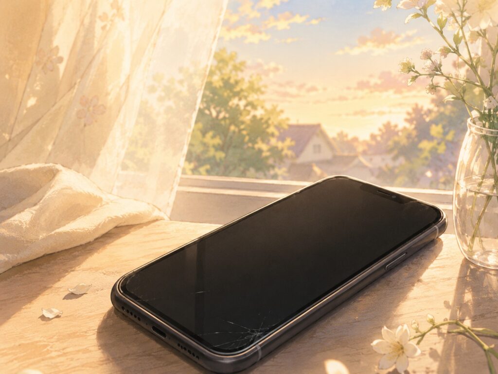 壊れたスマートフォンに外の光が差し込むイラスト