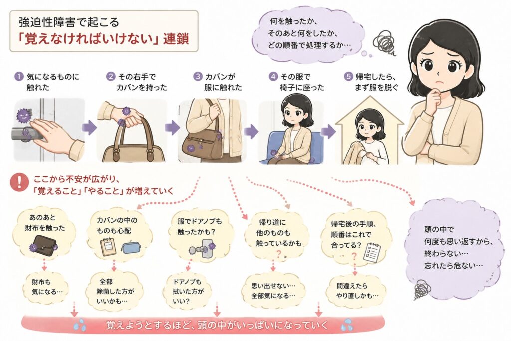 強迫性障害で接触後の汚染経路や対処の順番を覚え続け、頭の中の確認事項が増えていく様子