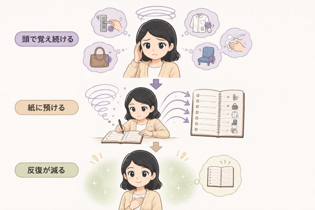 強迫性障害で頭の中に抱えていた出来事や手順をノートへ預け、思考の反復が減っていく流れをイメージしたイラスト画