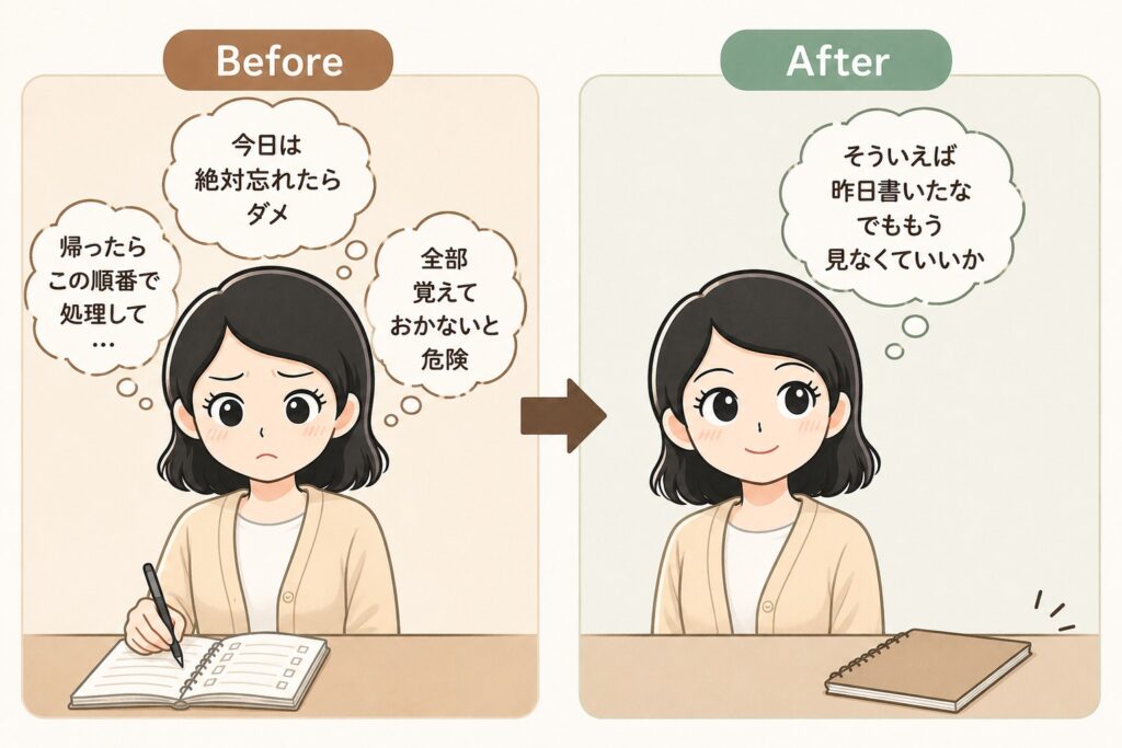 強迫性障害でノートへ書き出した直後の「絶対に忘れてはいけない」という不安と、時間がたつにつれて「もう見なくてもいい」と切迫感が薄れていく変化のイメージ