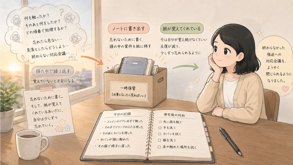 強迫性障害で頭の中の出来事や対処をノートへ預け、反復する思考が少しずつ減っていく様子