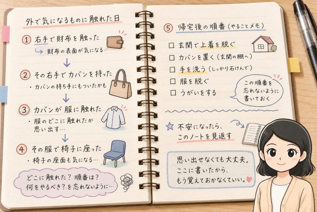 強迫性障害で気になった接触や帰宅後の対処手順をノートに書き出している例