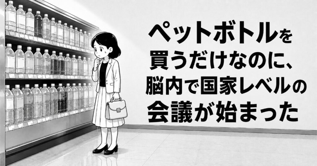 ペットボトル売り場の前で商品を選べずに立ち尽くす、強迫性障害のよたきちを描いた白黒イラスト