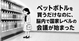 ペットボトル売り場の前で商品を選べずに立ち尽くす、強迫性障害のよたきちを描いた白黒イラスト